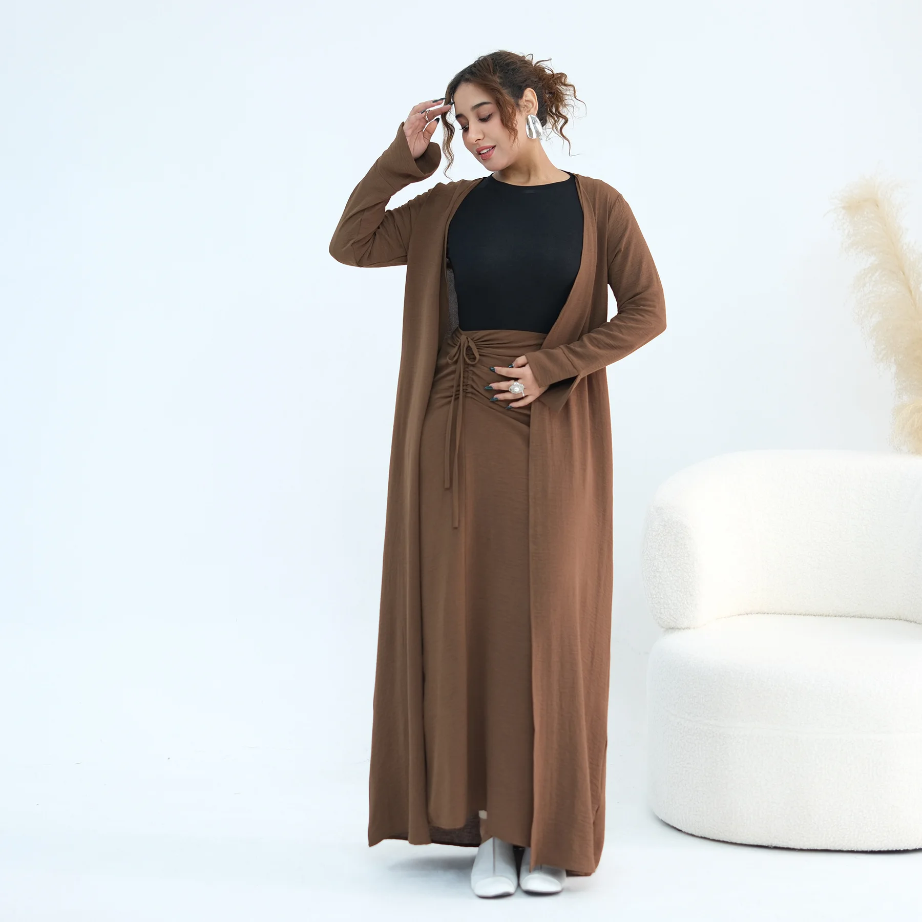 Midden-Oosten Dubai Cardigan en Rok 2-delig Set Ramadan Vrouwen Moslim Jurk Kimono Abaya Kaftan Islam Femme Musulmane Ensembles