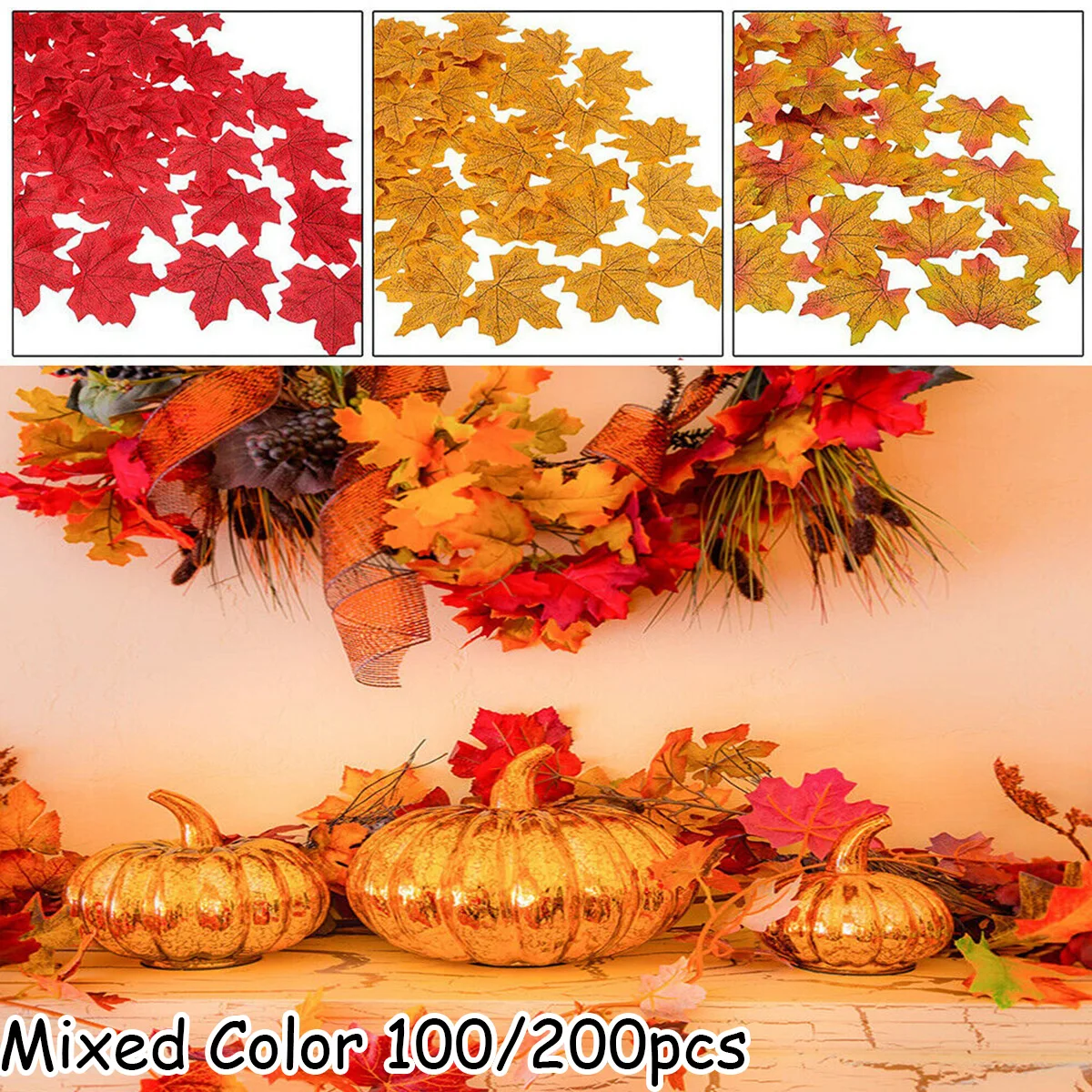 100/200Pcs Artificial Silk Maple Leaf Autumn Fake Leaves Garland Maple Leaves Vine Thanksgiving Halloween Wedding Party Decor