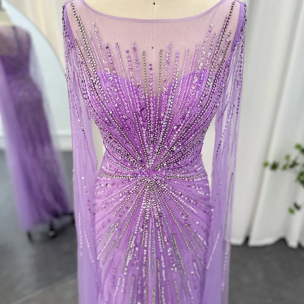 

Sharon Said Luxury Dubai Lilac Feathers Evening Dresses with Cape Sleeves Arabic Women Wedding Party Prom Gown SS196 Customized