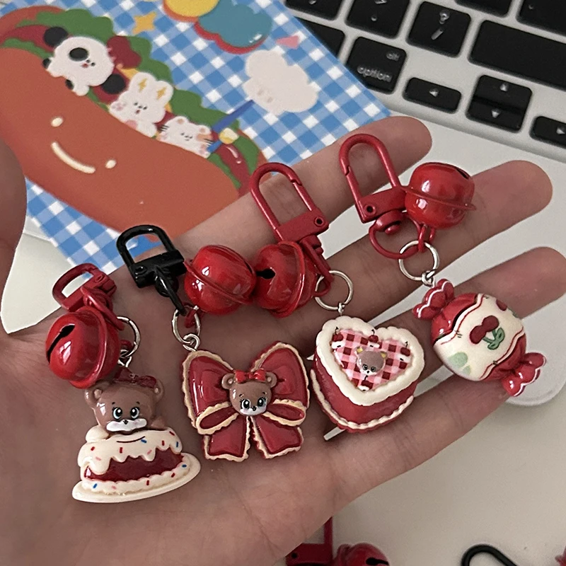 Fashion Little Bear Cake Cherry Bow Keychain Pendant For Women Girls Exquisite Headphone Case Charm Backpack Decoration Gifts