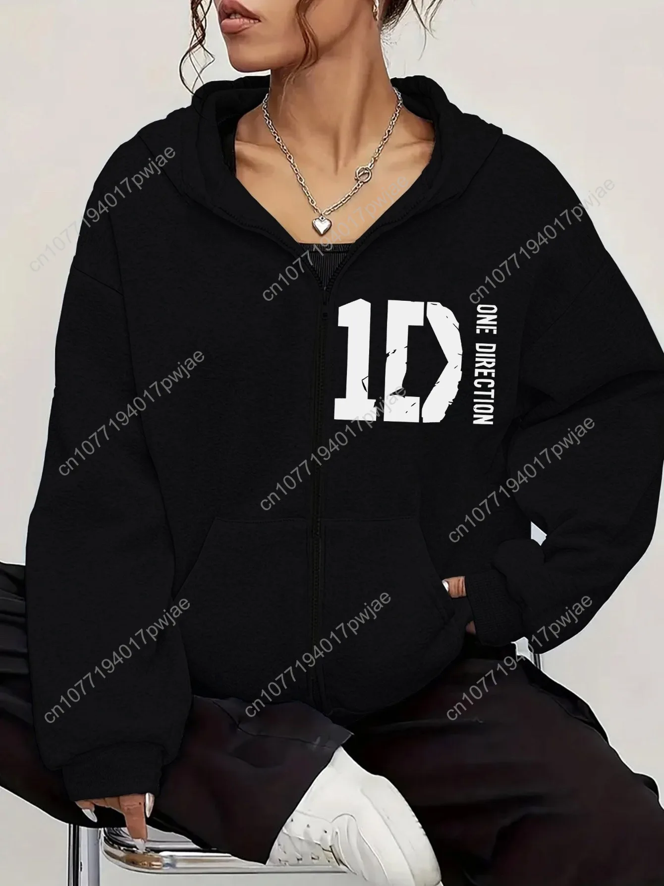 Sudadera con capucha de moda informal para mujer con letra 1D, sudadera con cremallera con estampado de gato, chaqueta de poliéster moderna para todas las estaciones con bolsillos, máquina W
