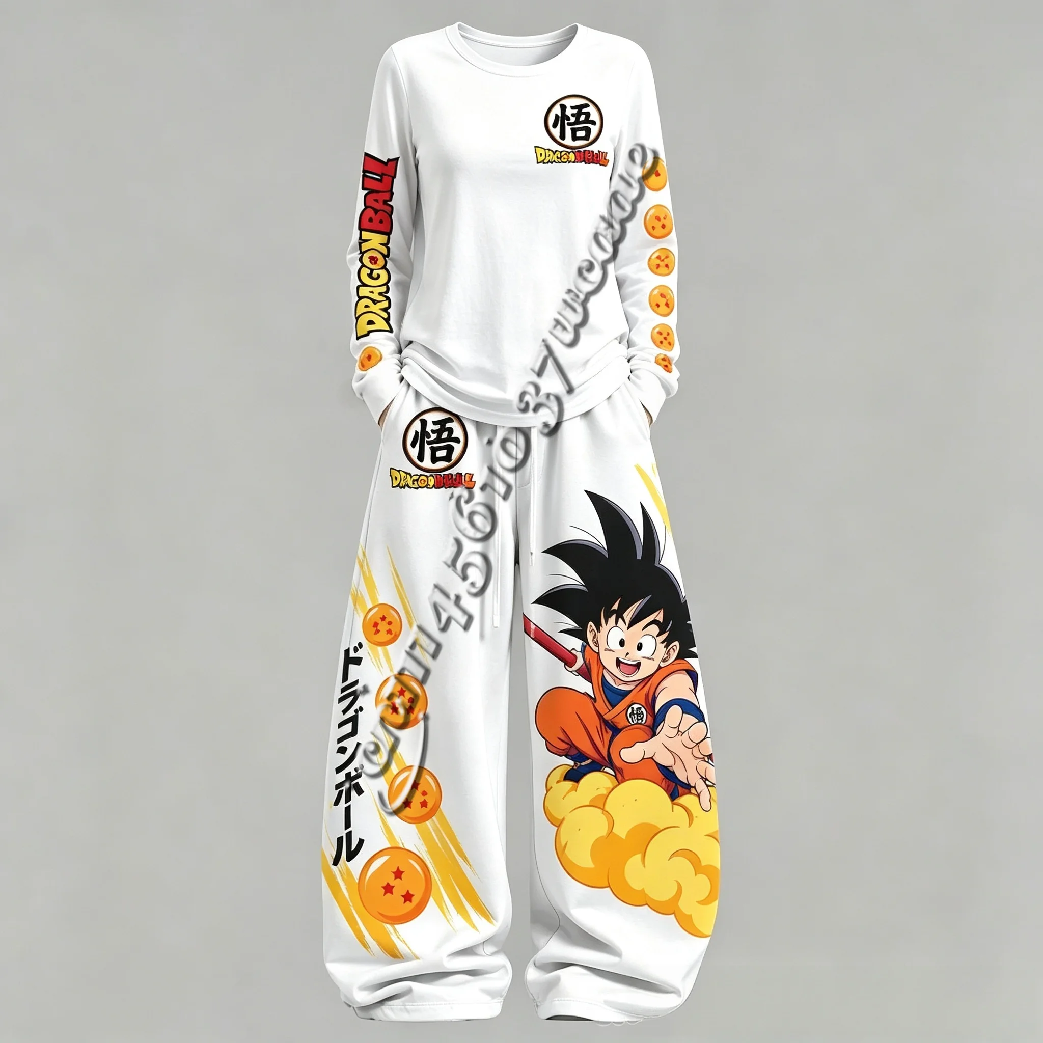 Neuer Unisex Frühling-Herbst Streetwear-Trainingsanzug mit Dragon-Ball-Anime-Print, Langarm-T-Shirt und Weitbein-Hose, Familien-Set – Detail 7