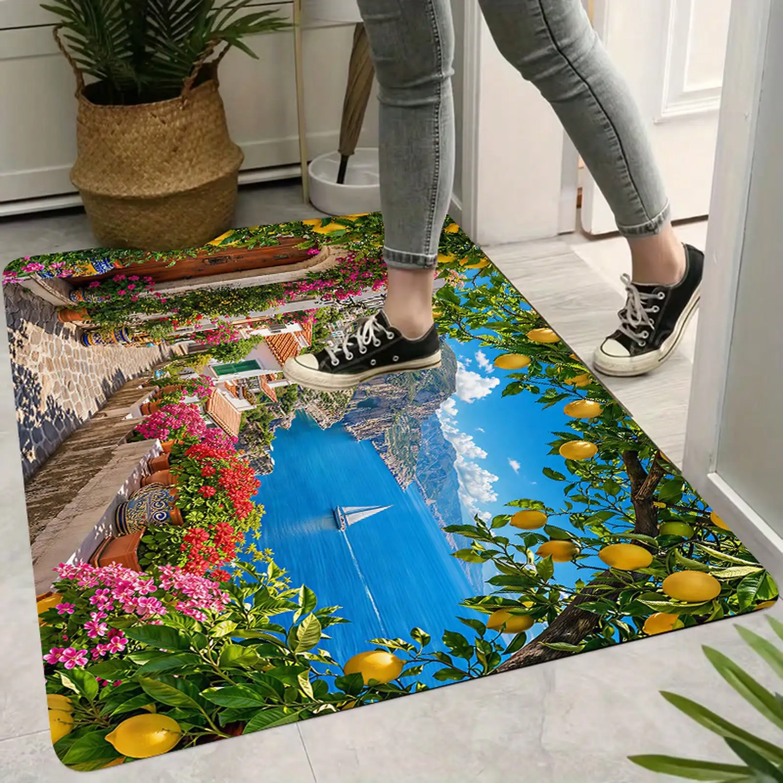 1pc, 2D Flat Printing, Mediterranean Coastal Town Scenery Entrance Mat, Kitchen Dining Room Decor, Indoor Outdoor Home Party Decoration