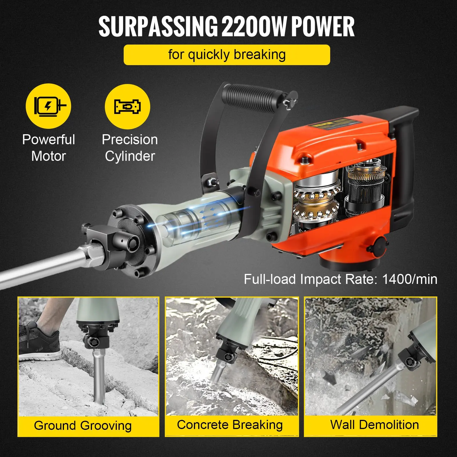 2200W Electric Demolition Jack Hammer 4 Bits Clay Spade Chisel & Scraping Chisel & Flat Chisel & Pointed Chisel 1400 RPM