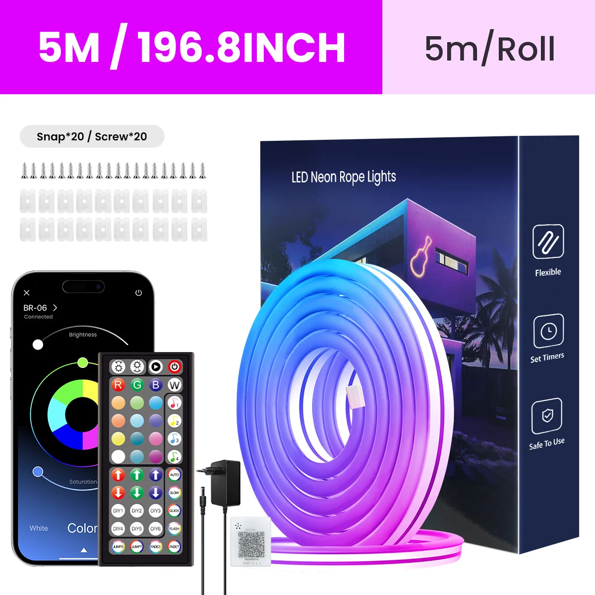 Mexllex Flexible RGB-Neon-LED-Streifen mit Musik-Synchronisierung und App/Fernbedienung, mehrere Modi, DIY-Design, IP65 wasserdichte Musik-Synchronisierung für den Außenbereich für den Raum 6