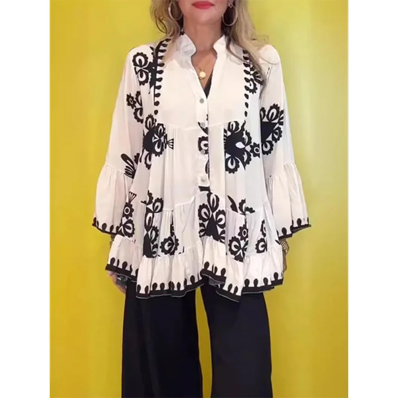 Vintage Printed V-neck Button Irregular Blouse Women Spring Casual Long Sleeve Loose Shirt Spring Sexy Ruffle Top Femme Pullover