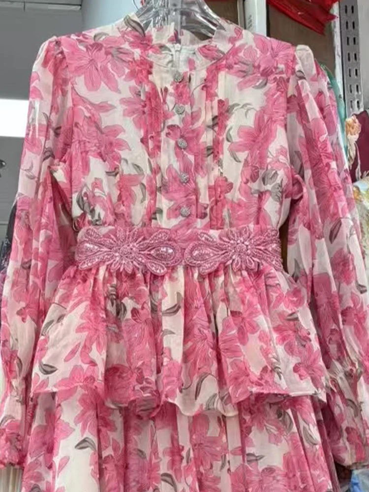 Retro printed round-neck single-breasted applique cinched waist dress 2025 Autumn women's fashion loose large-swing puffy dress