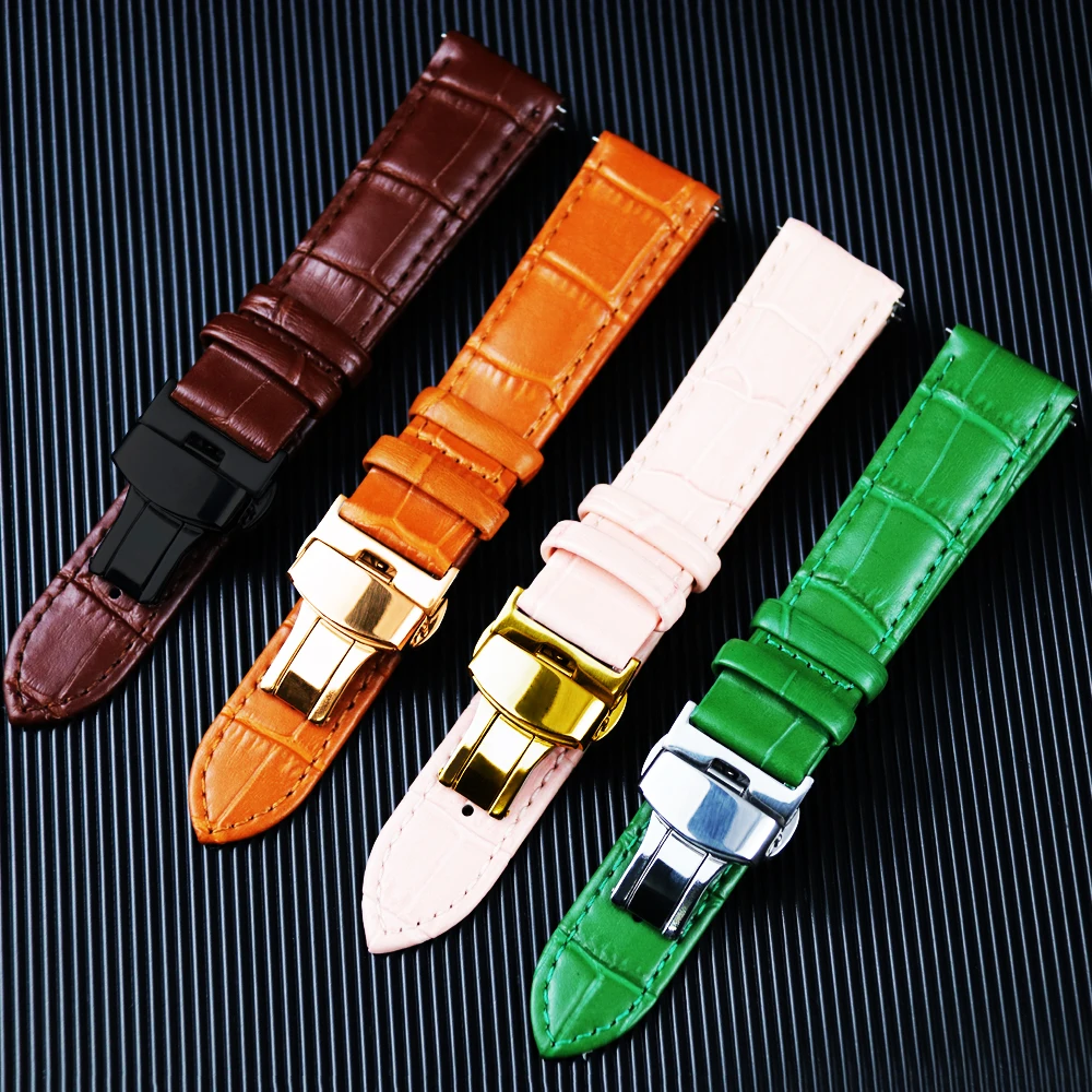 High Quality Genuine Leather Watch Strap Parts Accessories with Butterfly Buckle Green Purple  Black Watch Band Quick Release