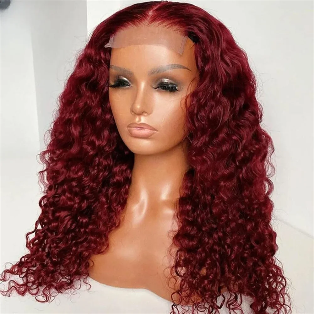 

Long Soft 26Inch Wine red Kinky Curly Lace Front Wig For Women With Baby Hair Synthetic Preplucked Glueless Daily