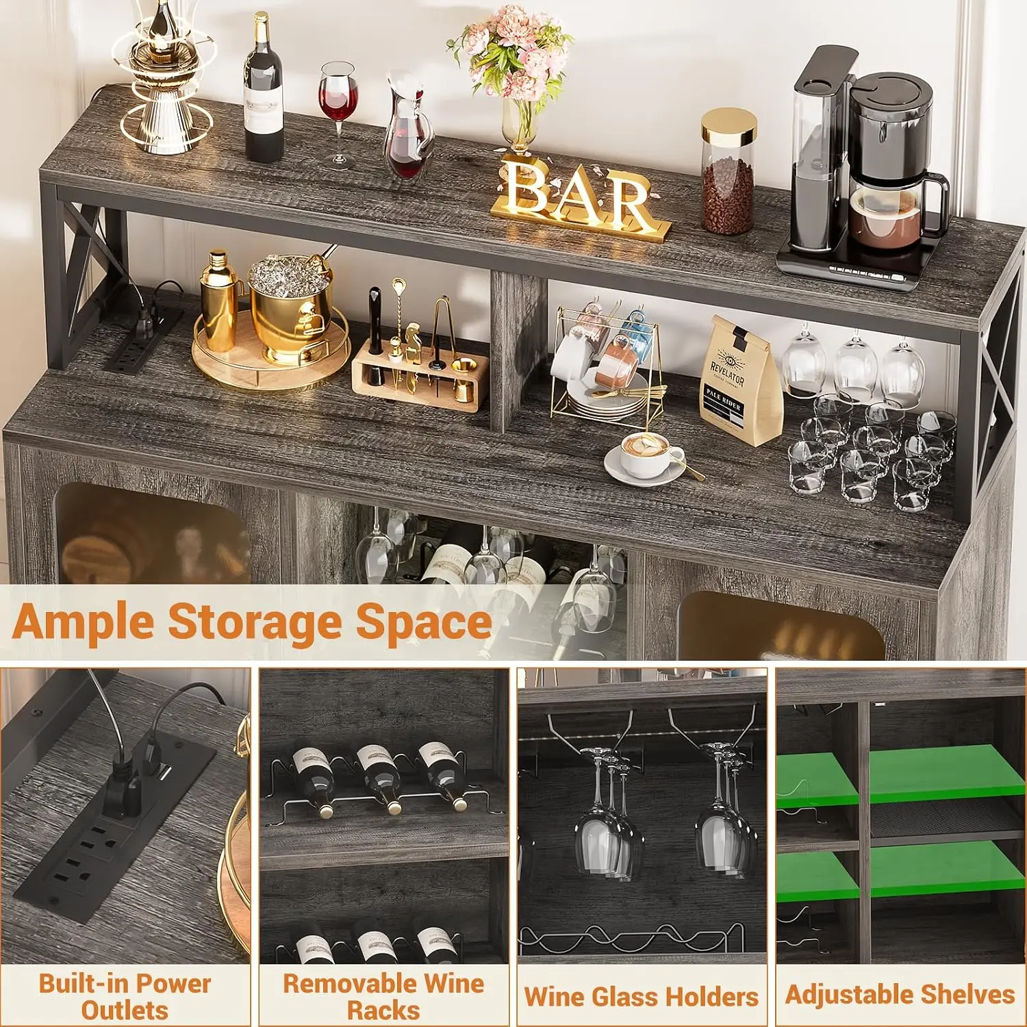 Bar Cabinet with Power Outlets & LED Lights, Glass Holder & Wine Racks, Storage Buffet for Home Kitchen, Grey Oak, Customized