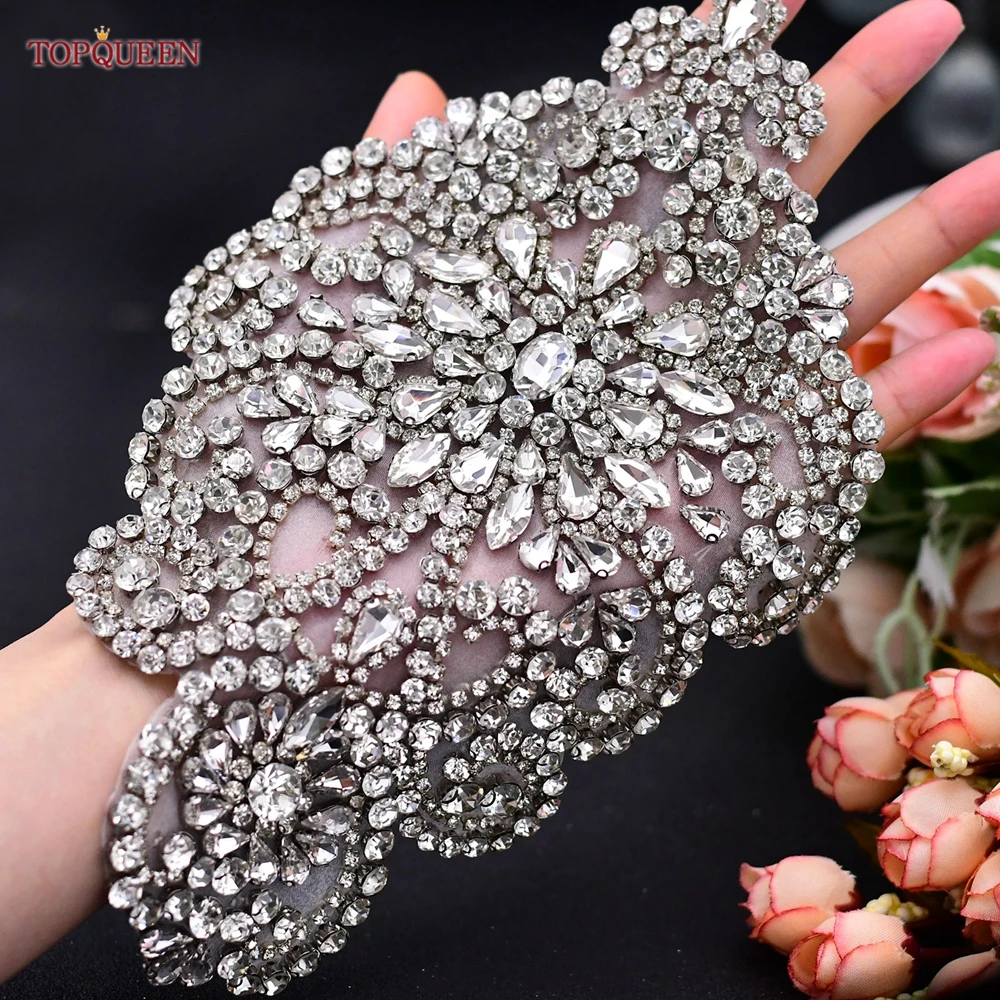 TOPQUEEN Bridal Sew on Applique Epaulets for Women Appliques on Clothes Large Patches Neckline Bead and Rhinestone Patches SP01