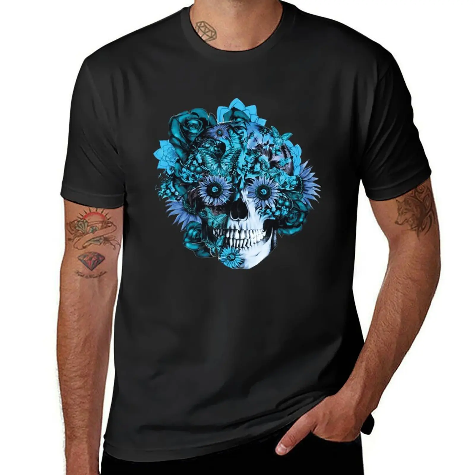 Blue grunge ohm skull. T-Shirt hippie clothes tops heavy weight t shirts for men