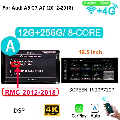 12,5'' Draadloze Carplay Android 15 Auto Stereo Scherm voor Audi A6 C7 A7 2012-2018 Autoradio Multimedia Speler GPS Google 4G LTE