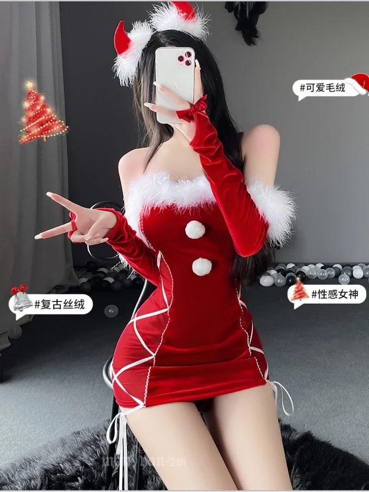 Christmas Uniform Suit Women Sexy Reindeer Cosplay Costume Underwear New Year Party Outfits Lingerie Girls Role Play Red Clothes