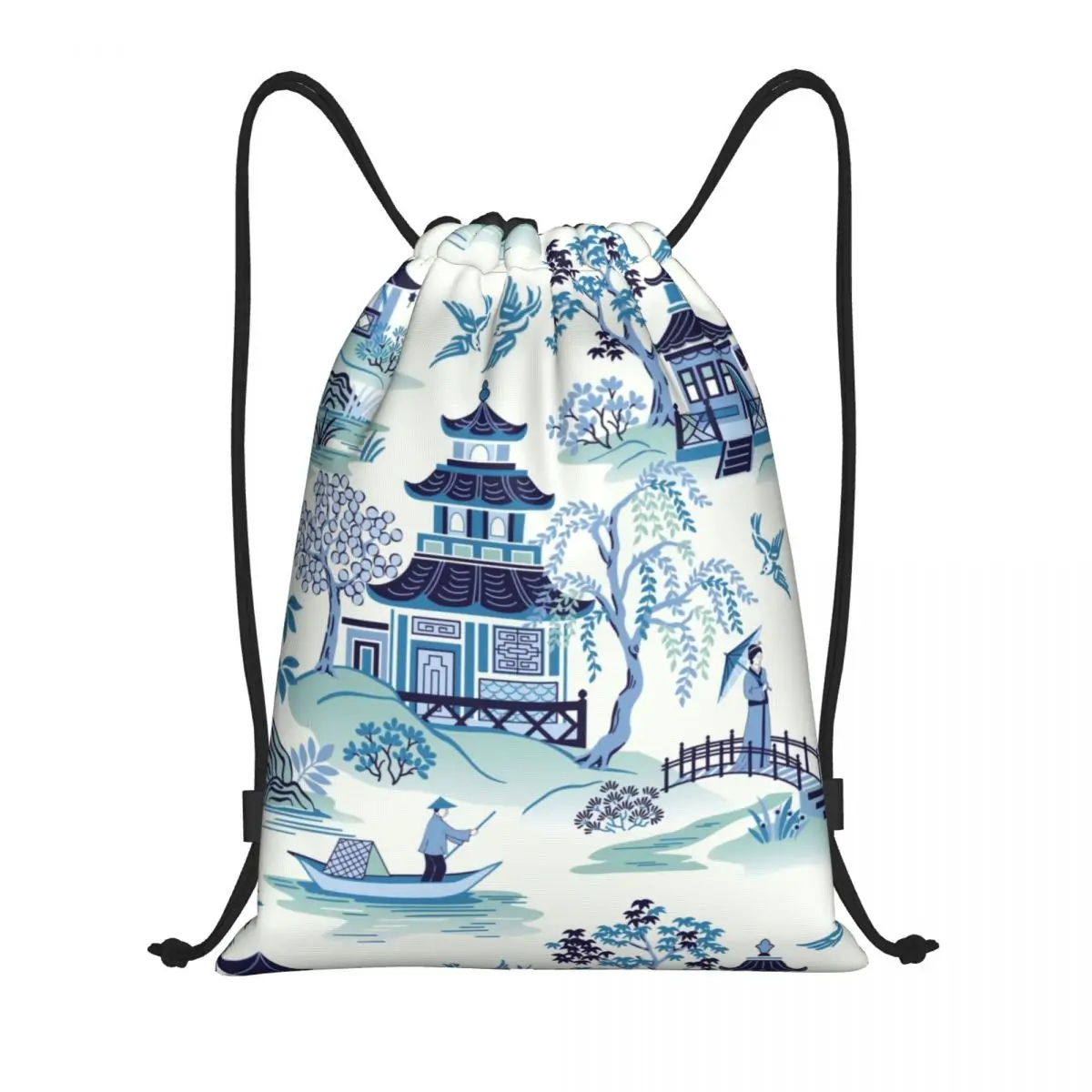 Chinoiserie Pagoda Blue Antique Willow Ware Drawstring Bags for Shopping Yoga Backpacks Oriental Style Sports Gym Sackpack