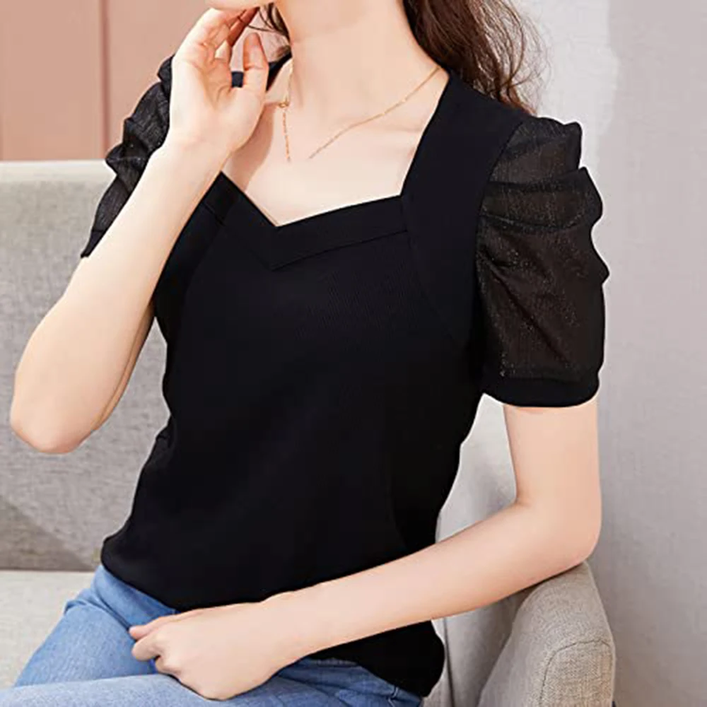 Ladies Summer Blouse Womens Ice Silk Top Vacation Ice Silk Polyester Bubble Silhouette Solid Pattern For Vacation
