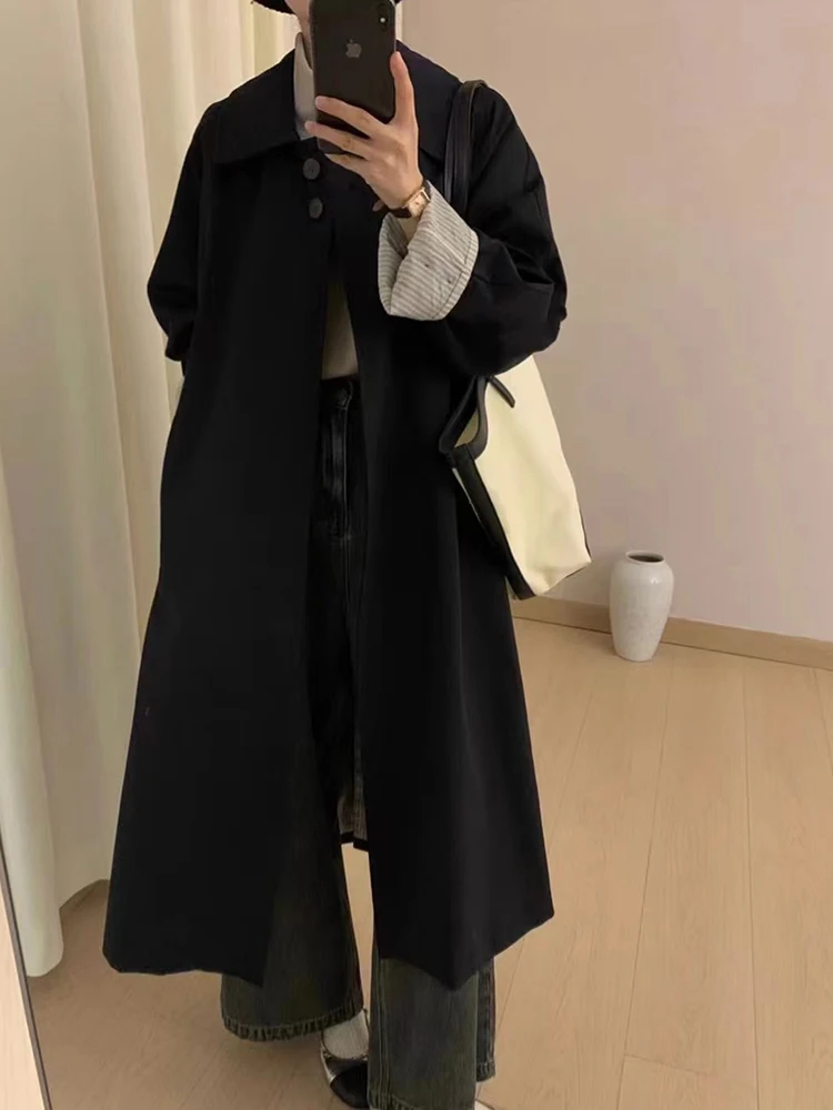 LANMREM Fashion Cuff Color Block Trench Women's Lapel Single Breasted Minimalism Mid Length Coats 2024 Autumn New 2Z2978