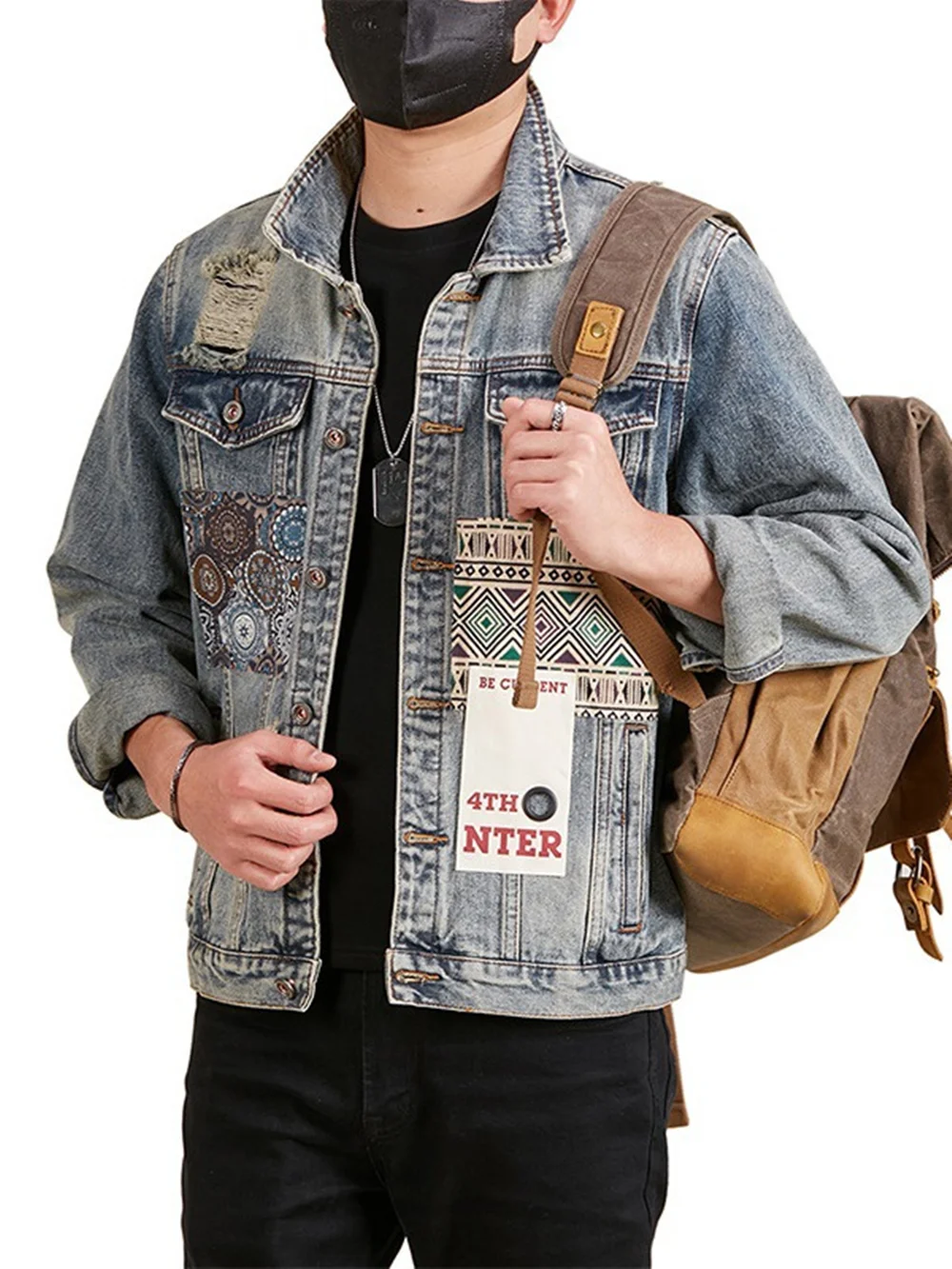 

Men's Washed Printed Denim Jacket Loose Stylish Retro Japanese Workwear Casual Vintage Coat in Blue