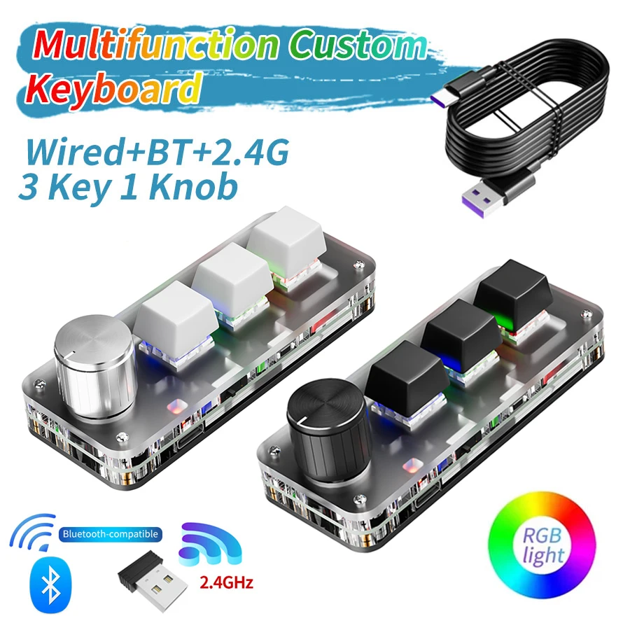 2.4G BT Programming Customize Keyboard 3 Keys 1 Knob RGB Macro Mechanical Keypad Hot Swap Macropad Photoshop Game Shortcut Key
