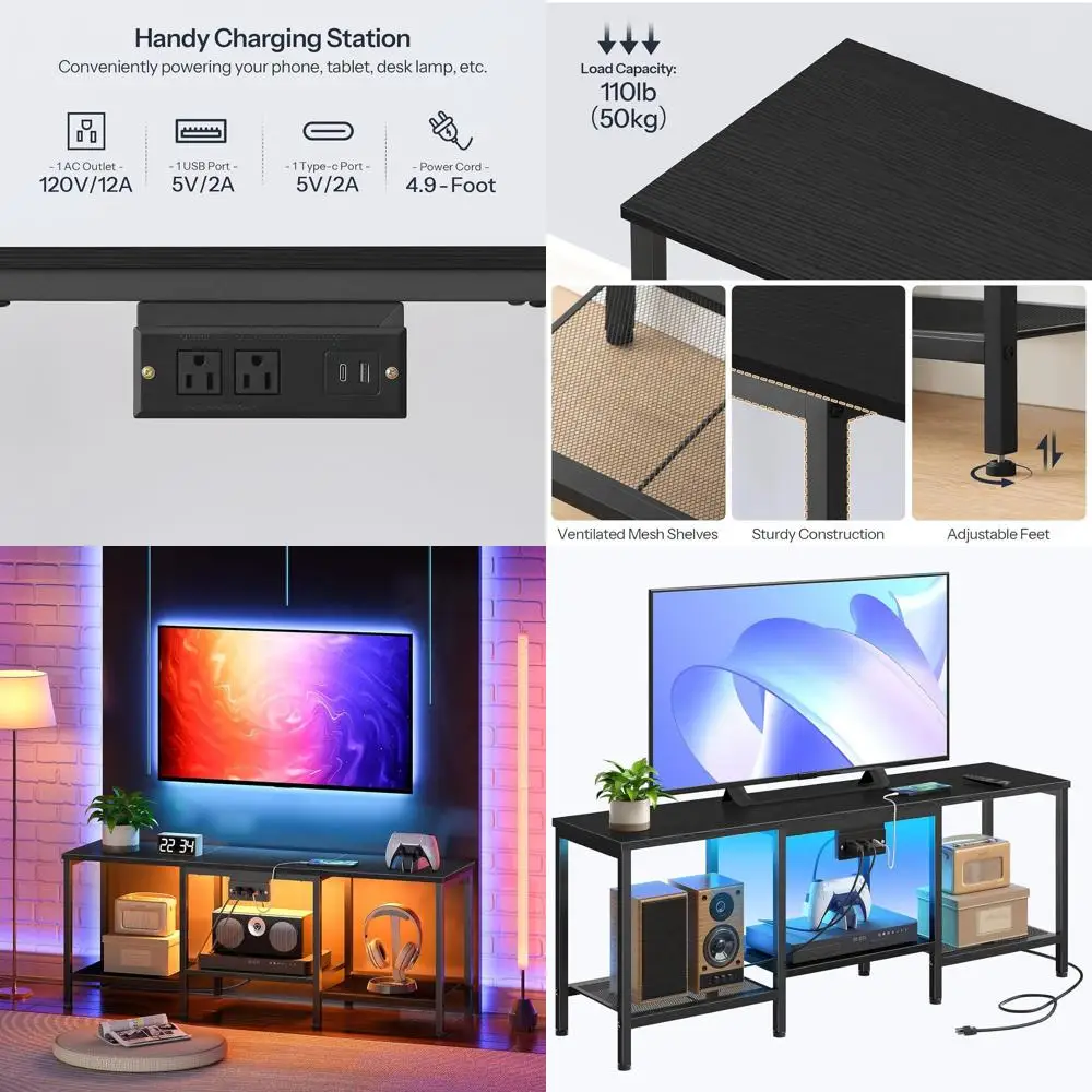 

55 TV Stand with Charging, LED Entertainment Center, Media Console with Open Shelves for Living/Bedroom, Black