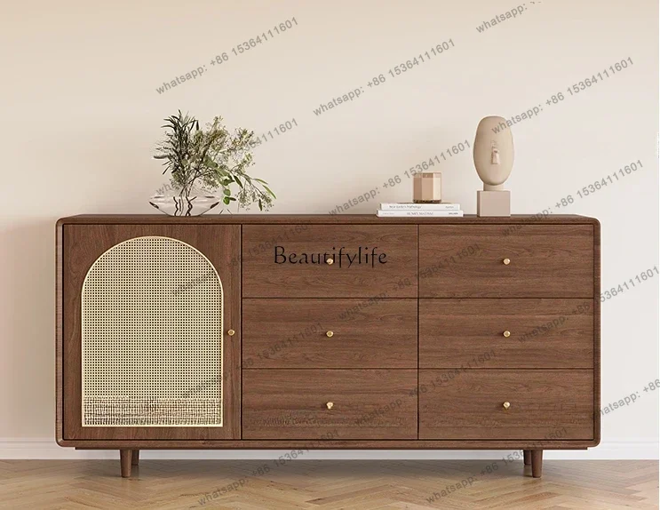 Customization Rattan Bucket Cabinet Walnut Color Storage Hallway Simple Silent Style Storage Tea Cabinet