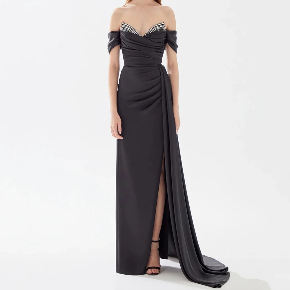 

Straight Women's Evening Dresses Floor-length Off The Shoulder Sleeveless Prom Gown Fashion Crystal Pleat Customized Gowns