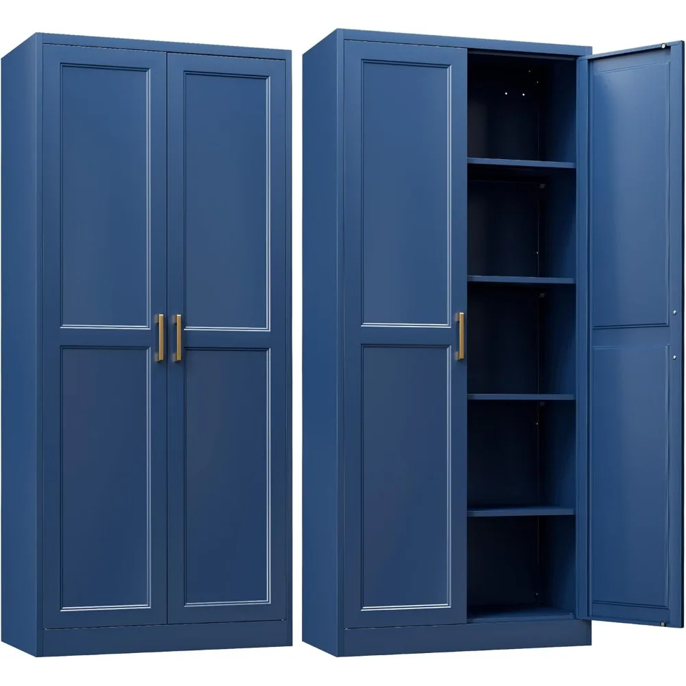 خزانة مطبخ معدنية زرقاء مقاس 71 بوصة مع أبواب وأرفف قابلة للتعديل، تتميز بمقبضين ذهبيين