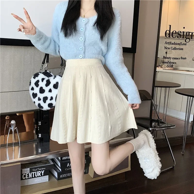 

Юбки женские, осеннее новое поступление, вязаная одежда трапециевидной формы с высокой талией, универсальная одежда, складная Faldas Mujer, популярная, эстетичная, милая