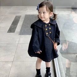 Fashion Autumn Baby Girls Denim Dresses Black Turndown Collar Knee Length Dresses Double Breasted Pullover Shirts