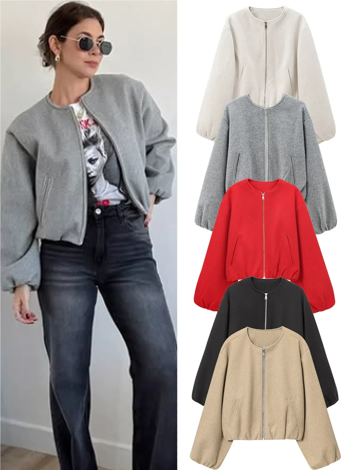 

Women Soft Cropped Baseball Jackets Bubble Sleeve side pocket Winter Coat Bomber Jackets Women Zip Front Varsity Crop Jackets