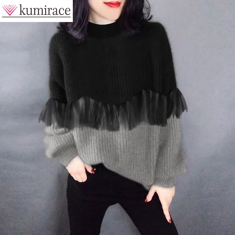 

Fashion splicing 2024 autumn and winter women's clothing new item fake two-piece knitted sweater pullover sweater korean fashion