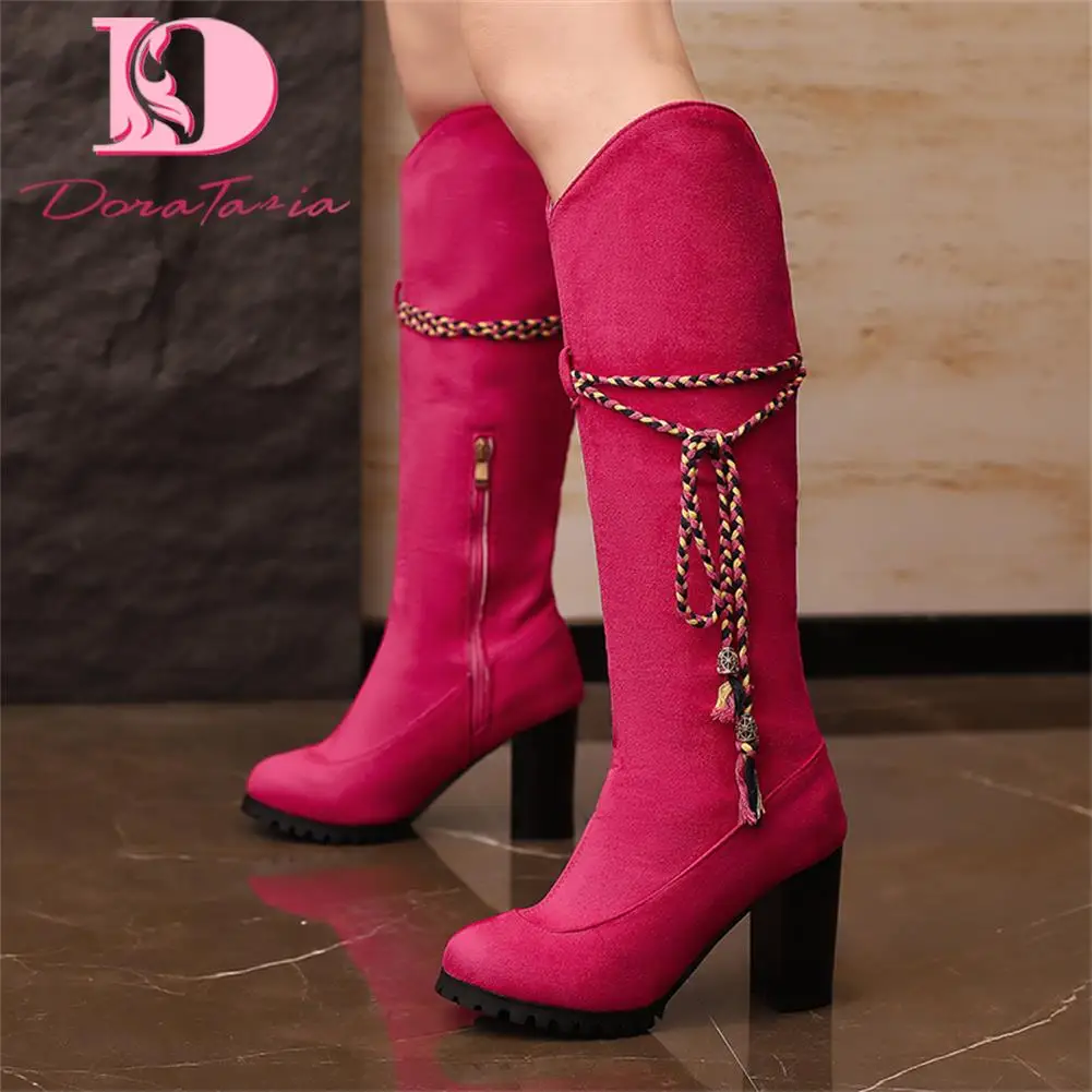 

Plus Size 50 Brand Design Female Solid Thick High Heels Boots Fashion Zip Cross Tied Platform women's Boots Party Office Shoes