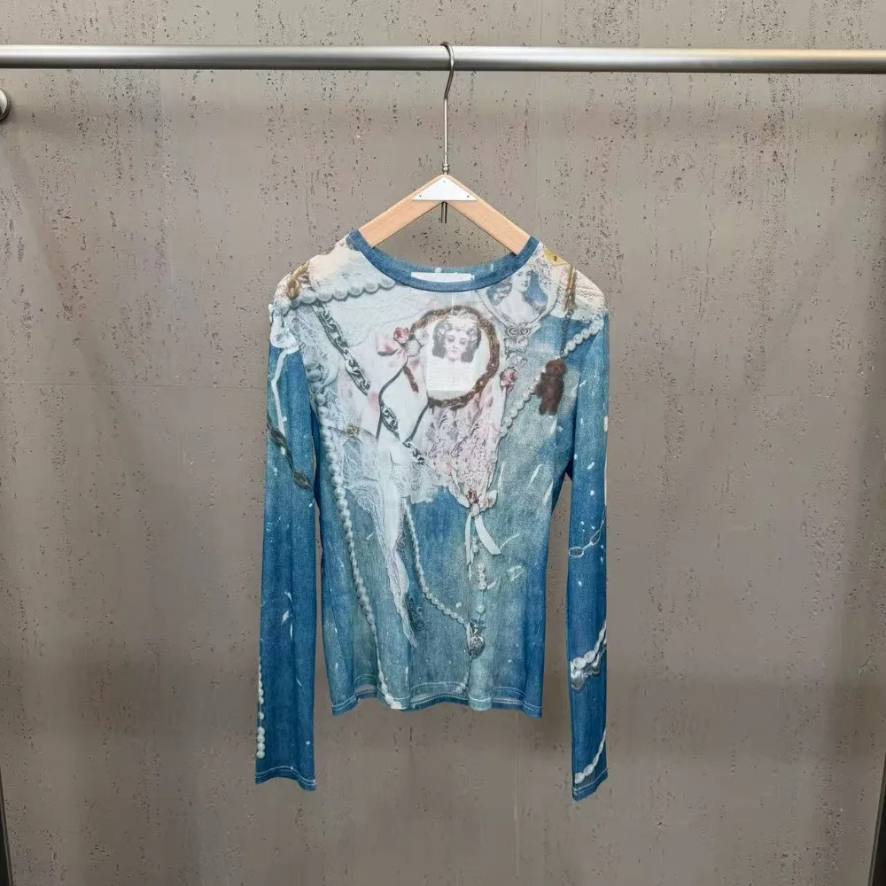 Spring and Summer Printed Mesh Long Sleeved T-shirts and Women's Top Paired with Lace Chain 3D Printed Denim Pants