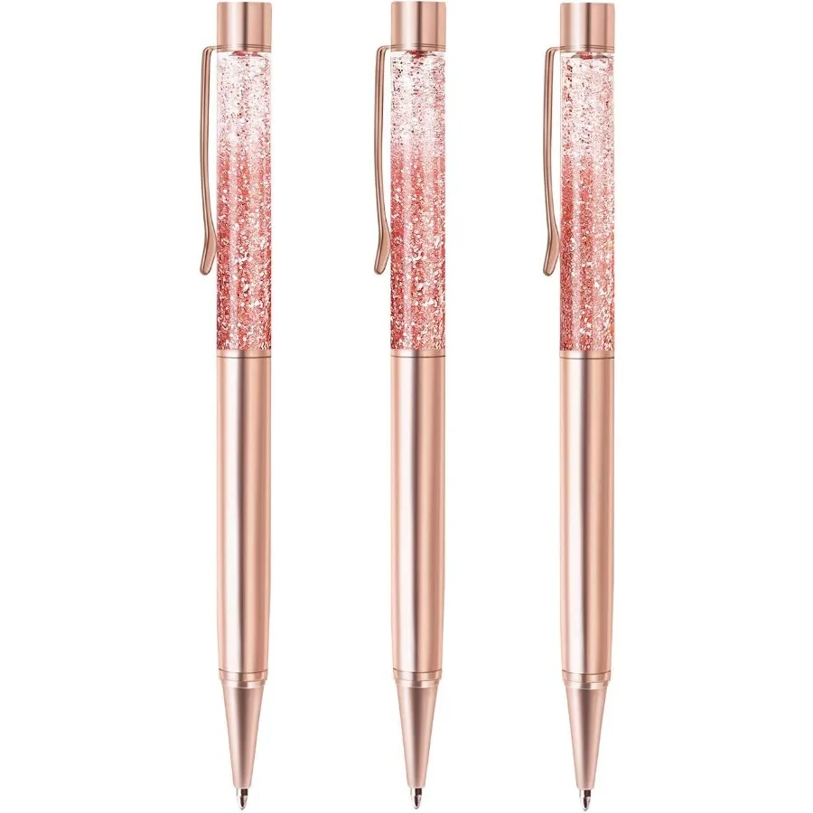 

3 Pcs Rose Gold Ballpoint Pens Metal Pen Bling Dymic Liquid Sand Pen Pretty Pens With Refills Black Ink Office Supplies Gift Pe