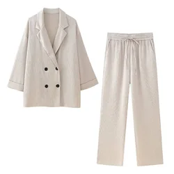 Elegant Women's Suit Summer Double-Breasted Blazer Top high-Waisted Wide-Legged Pants 2024 New Two-Piece Women's Suit