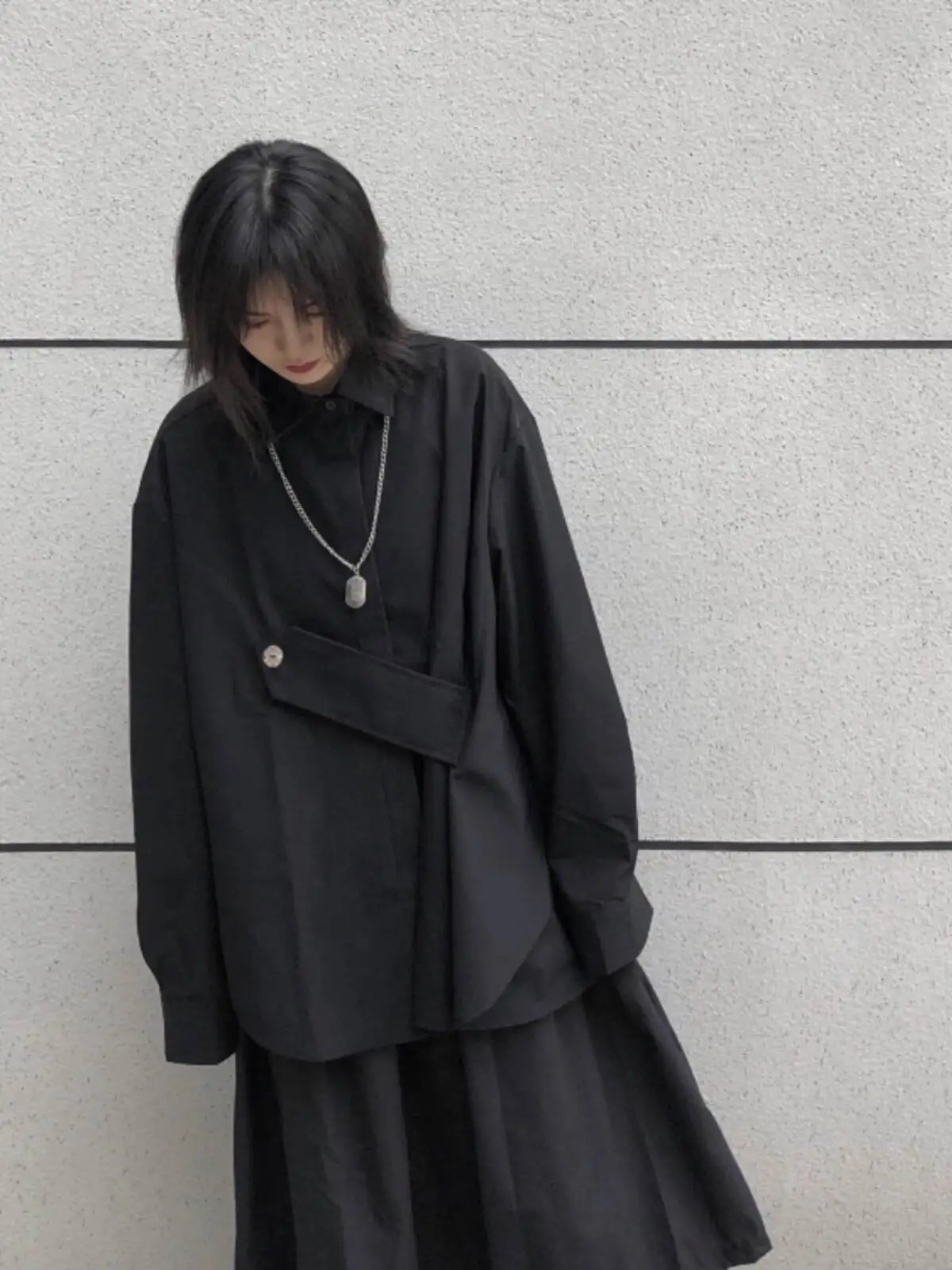 Women's Dark Japanese Irregular Shirts Spring Autumn Loose Slimming Long Sleeve Black Blouse Niche Stylish Design Top