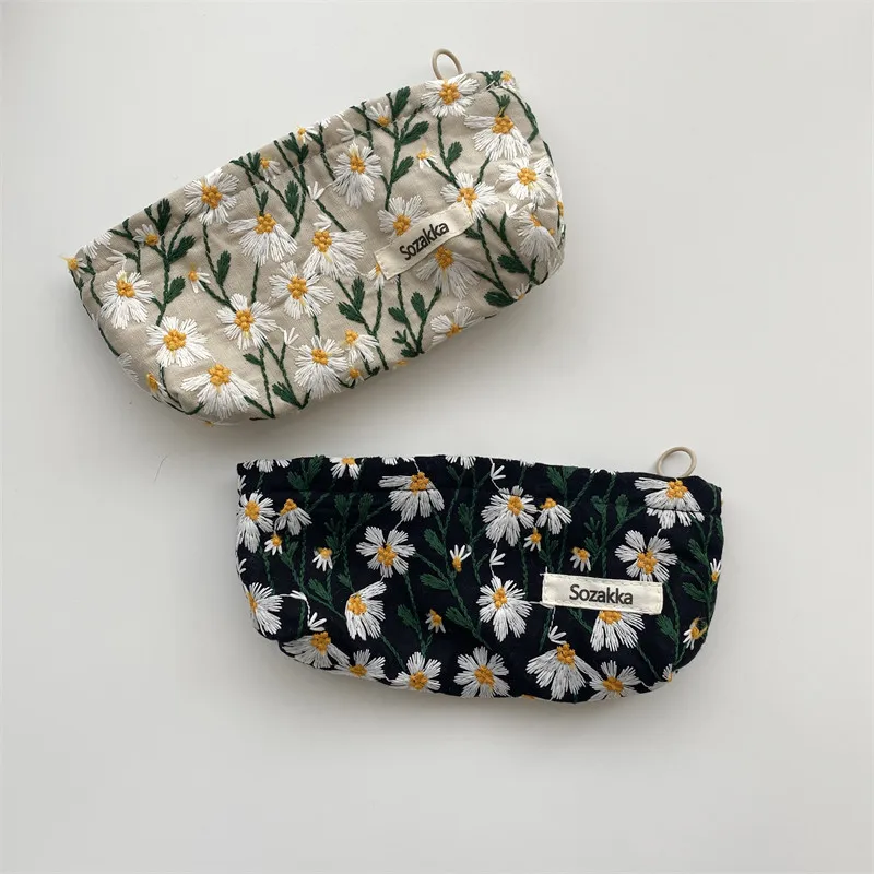 Retro flower daisy pencil Case Canvas Pencilcase Student Pen Holder Supplies Pencil Bag School Box Pouch Stationery