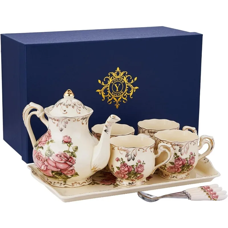 Porcelain Tea Set Vintage Rose, Tea Cups with Teapot, Serving Tray and Teaspoon Service for 4, Suitable for Tea Party Gifts