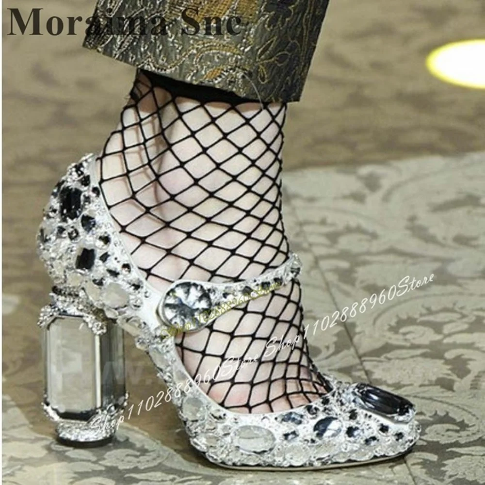 Catwalk Silver Crystal Bling Pumps Strange Style Heel Shoes For Women Button Strap Open Toe 2025 Fashion Zapatos Para Mujere