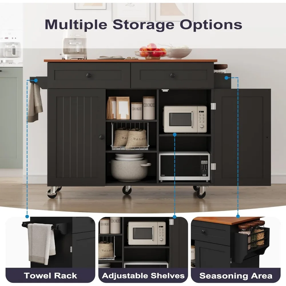 عربة جزيرة المطبخ المحمولة مع أوراق متدلية وأدراج تخزين