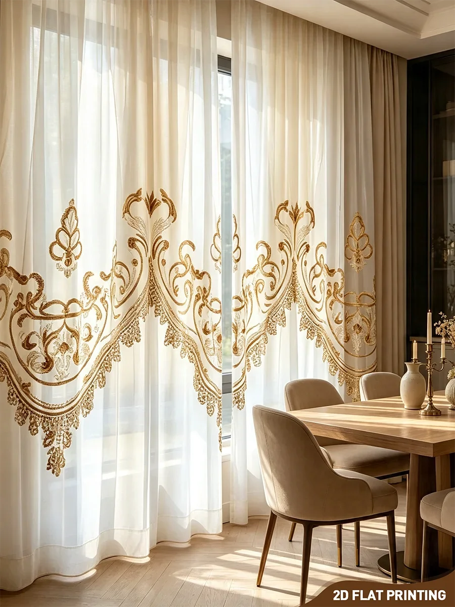2PCS Digital Print Sheer Curtain, European Lace Pattern, Elegant Vintage - Voile Drapes for Home Bedroom Living Room Decor