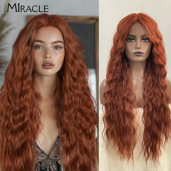 MIRACLE สังเคราะห์ 30 นิ้ววิกผมลูกไม้ด้านหน้าด้านหน้าสําหรับผู้หญิงเส้นใยลูกไม้วิกผม Deep Wave ขิงสีบลอนด์ Omber ความร้อนทนคอสเพลย์