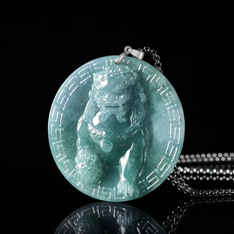 

Burmese Jadeite Lion Pendant Necklace Real Jade Accessories Designer Fashion Vintage Carved Amulet Talismans 925 Silver
