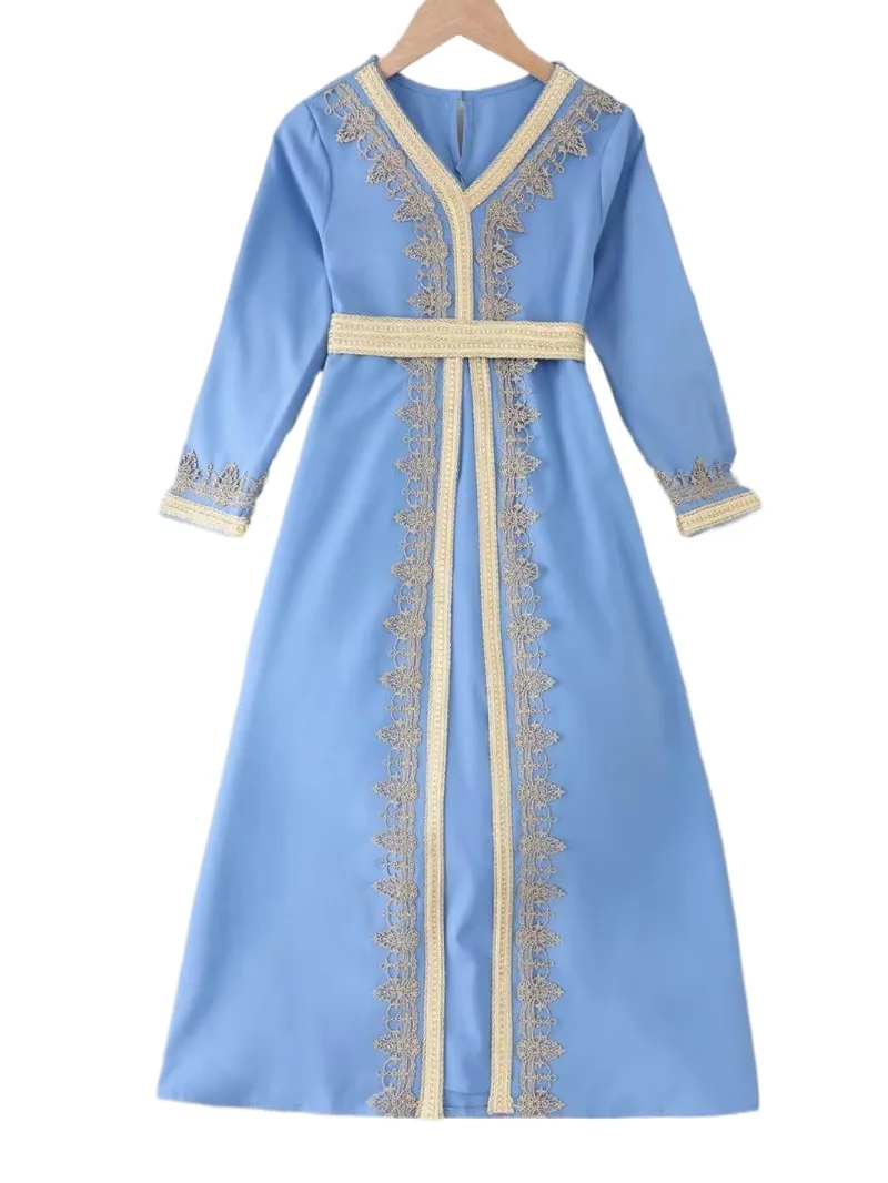 Muslim Arab Mädchen Lace Dress Long Sleeve Abaya Robe V Neck with Belt Enfant Luxury Maxi Dress Cosplay Turkish Dubai Ramadan