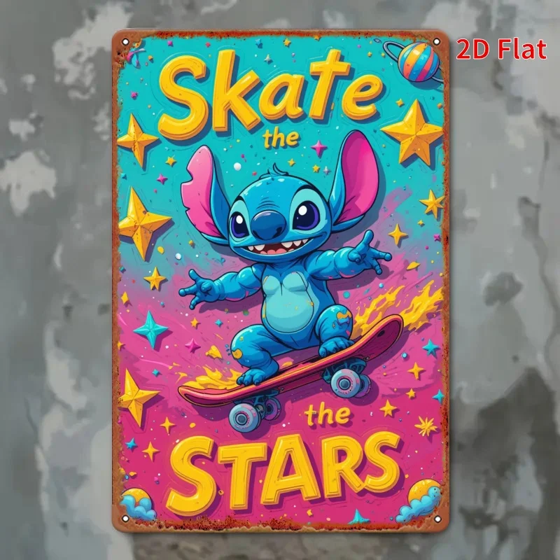 قطعة واحدة من ديكور فني جداري معدني من Stitch Skate the Stars - 20.32 × 30.48 سم تصميم كوني نابض بالحياة مع غرز ونجوم للتزلج، داخلي