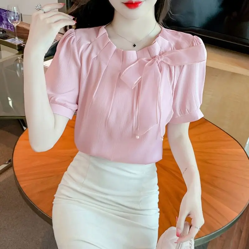 Oversized Elegant Bow Solid Color O-neck Short Sleeve Blouse Ladies All-match Lacing Chiffon Shirts Women Clothes Pleated Tops