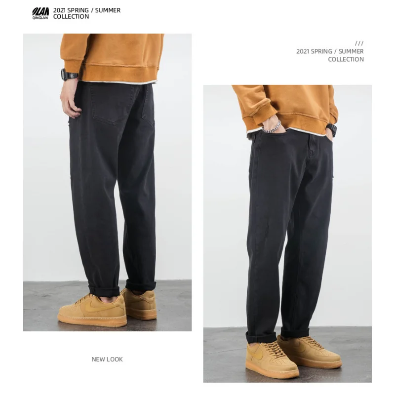 

Черные джинсы мужские свободные прямые повседневные большие размеры осенние зауженные эластичные брюки осень зима корейский стиль брюки High Street