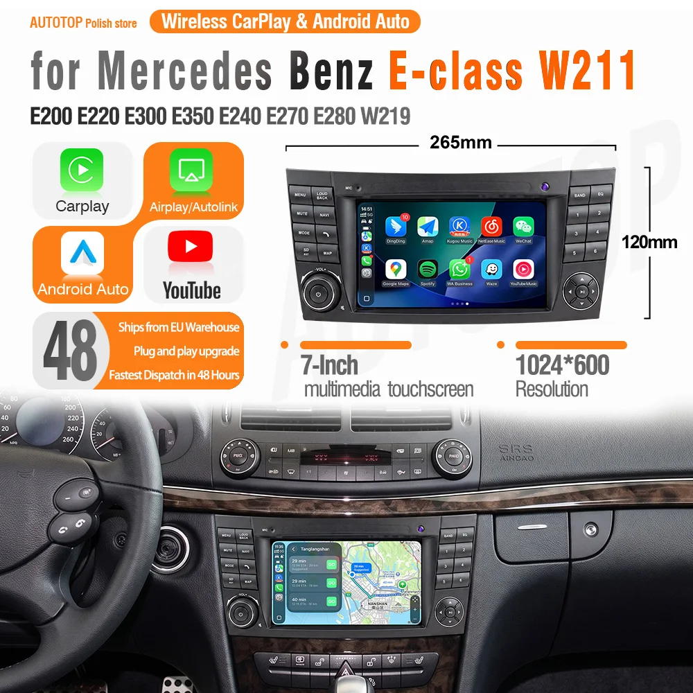 Autoradio AUTOTOP 7 pouces avec écran YouTube et CarPlay pour Mercedes Benz Classe E W211 E200 E220 E300 E350 E240 E270 E280 W219 Android Auto Cam
