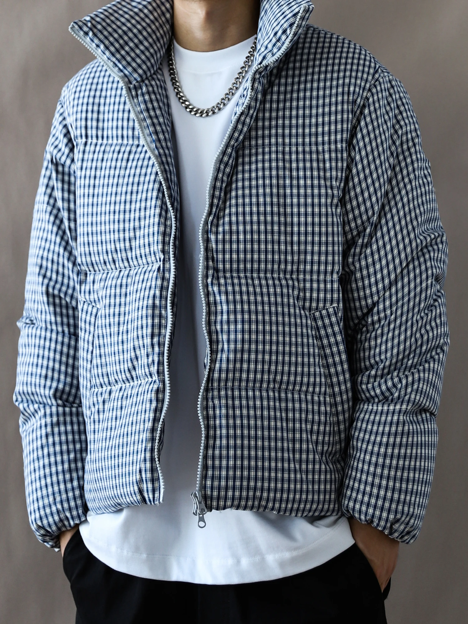 

Men's Winter Du down Jaet Plaid Bread Sle Loose ort Lazy Ne Zipper Ci Casual Cotton 00% Thiened Long Sve