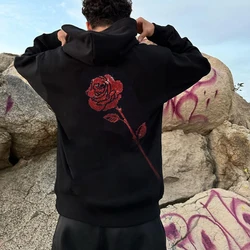 Fashion Mens Loose Sweatshirt Hoodies Black Rose Rhinestone Hoody Male Casual Warm Streetwear Jacket Coats Women Unisex Pullover